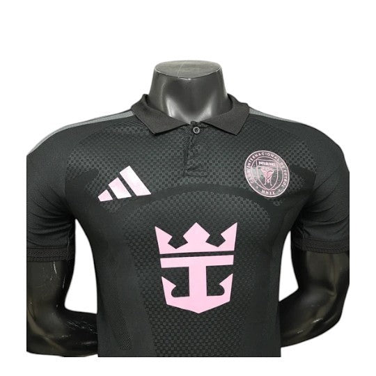 GOATkitz Inter Miami 2026 player version away jersey, black with pink accents, polo collar, customizable.