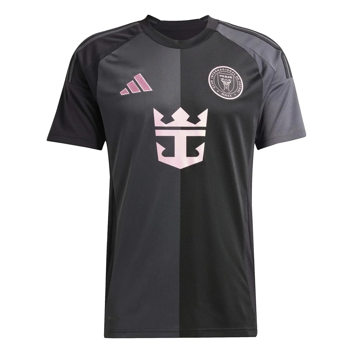 GOATkitz Inter Miami 2025-26 adult away jersey in black with pink accents. Features club crest and sponsor logo.