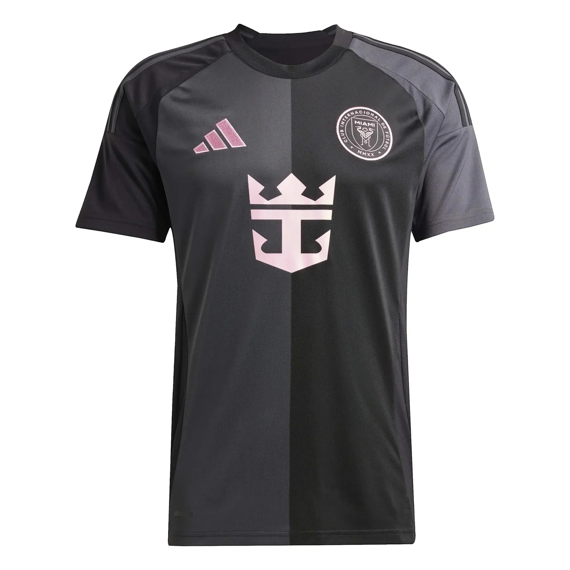 GOATkitz Inter Miami 2025-26 adult away jersey in black with pink accents. Features club crest and sponsor logo.