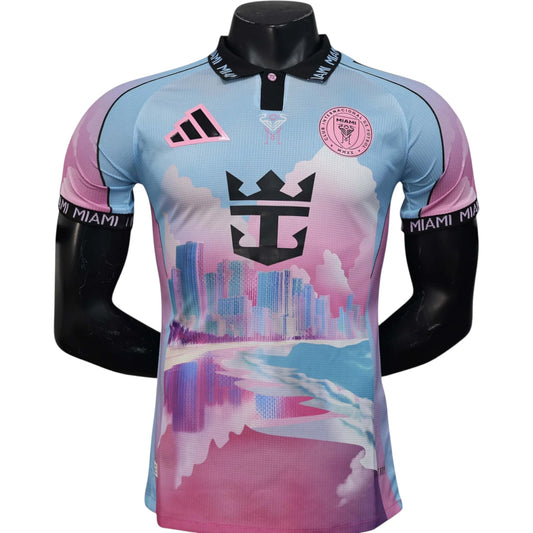 GOATkitz Inter Miami Beach Town Special Edition Player Version jersey in pink and blue with a city skyline graphic.
