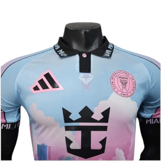GOATkitz Inter Miami Beach Town Special Edition Player Version jersey in pink and blue with a cloud and city skyline print.