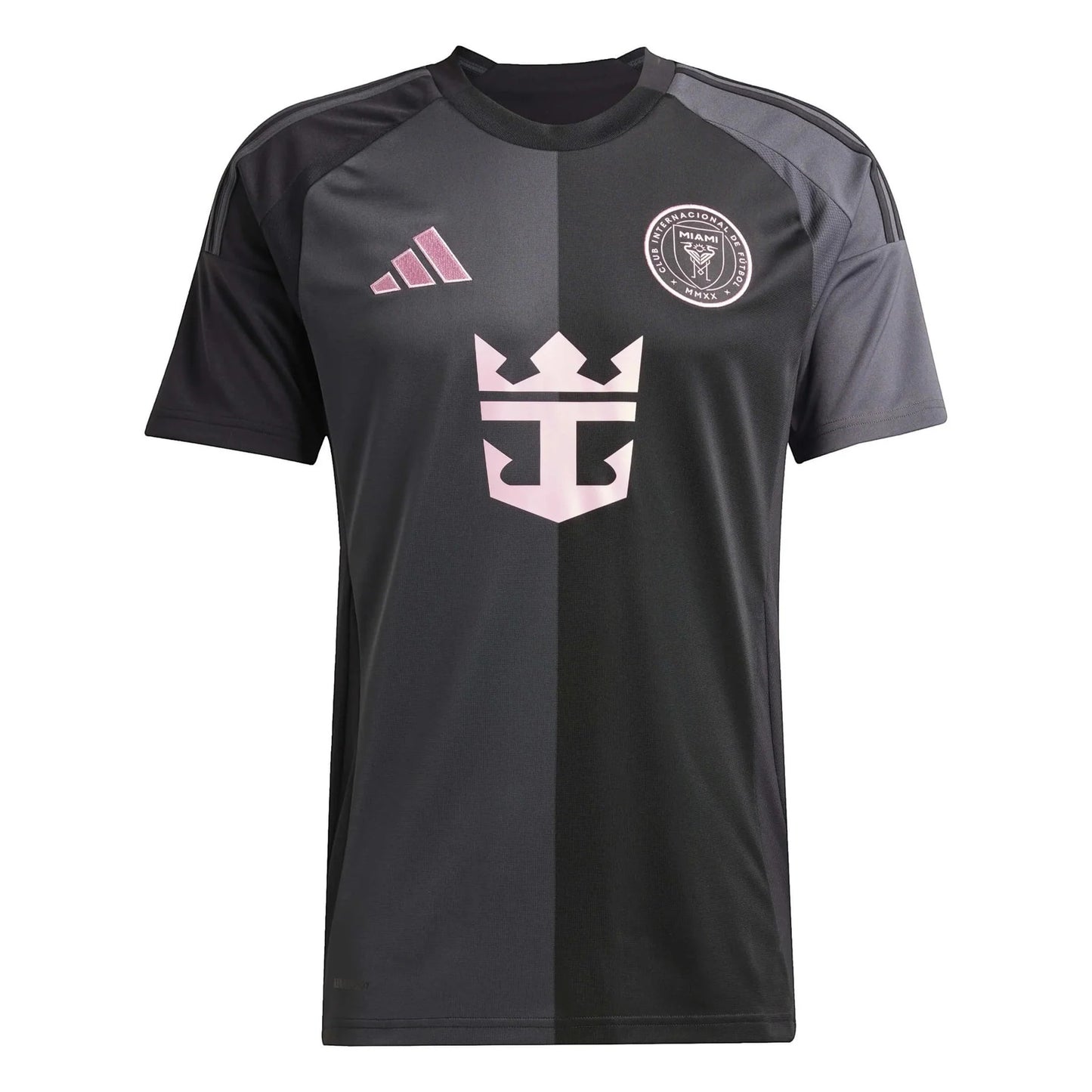 GOATkitz Inter Miami 2025-26 kids away jersey in black with pink accents. Features team crest and sponsor logo.
