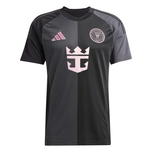 GOATkitz Inter Miami 2025-26 kids away jersey in black with pink accents. Features team crest and sponsor logo.