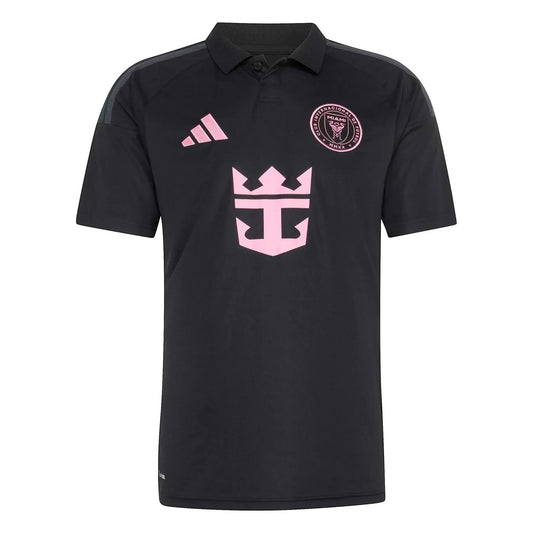 GOATkitz Inter Miami 2026 kids away jersey in black with pink accents. Features polo collar, club crest, and sponsor logo.