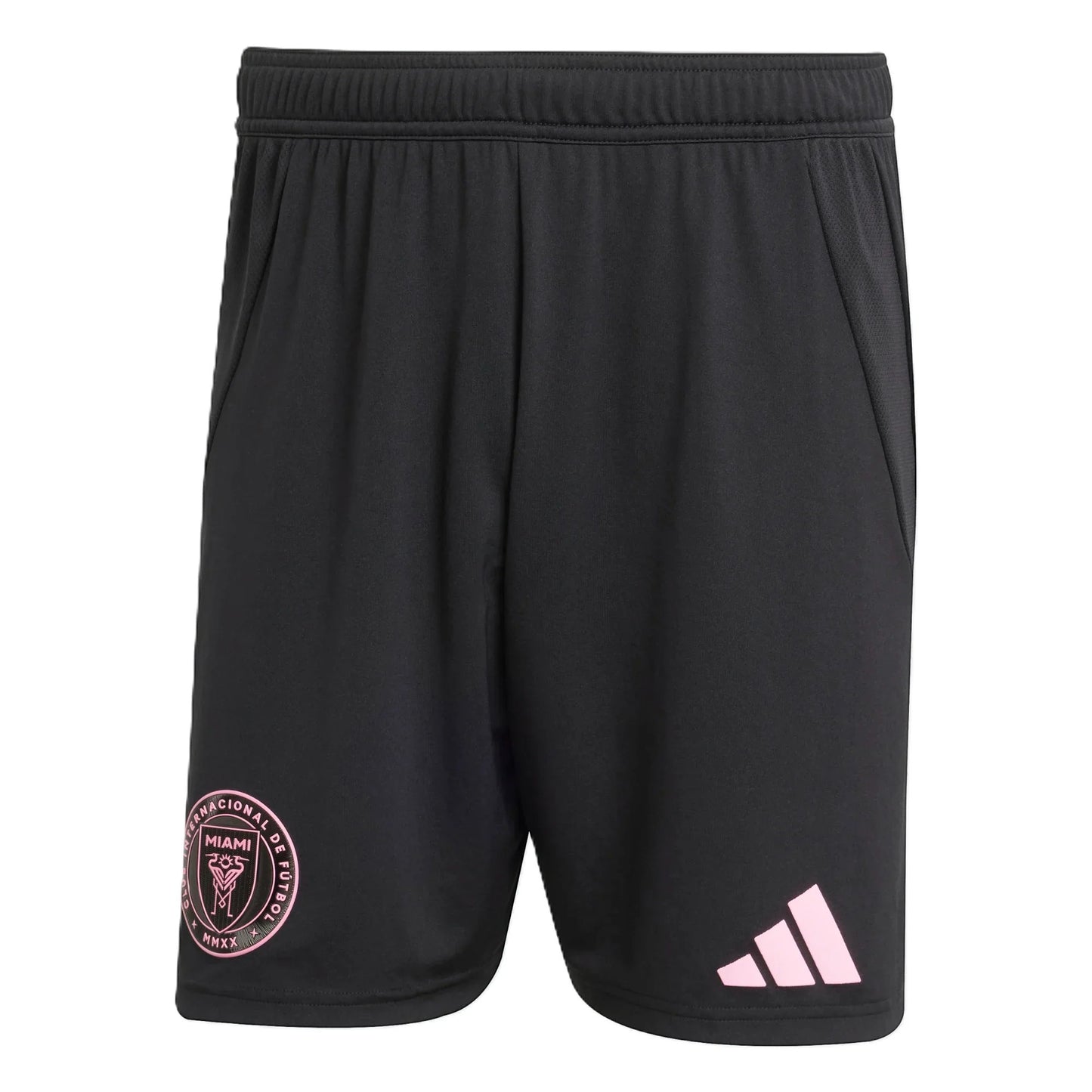 GOATkitz black Inter Miami 2025-26 kids away soccer shorts with pink logo and stripes