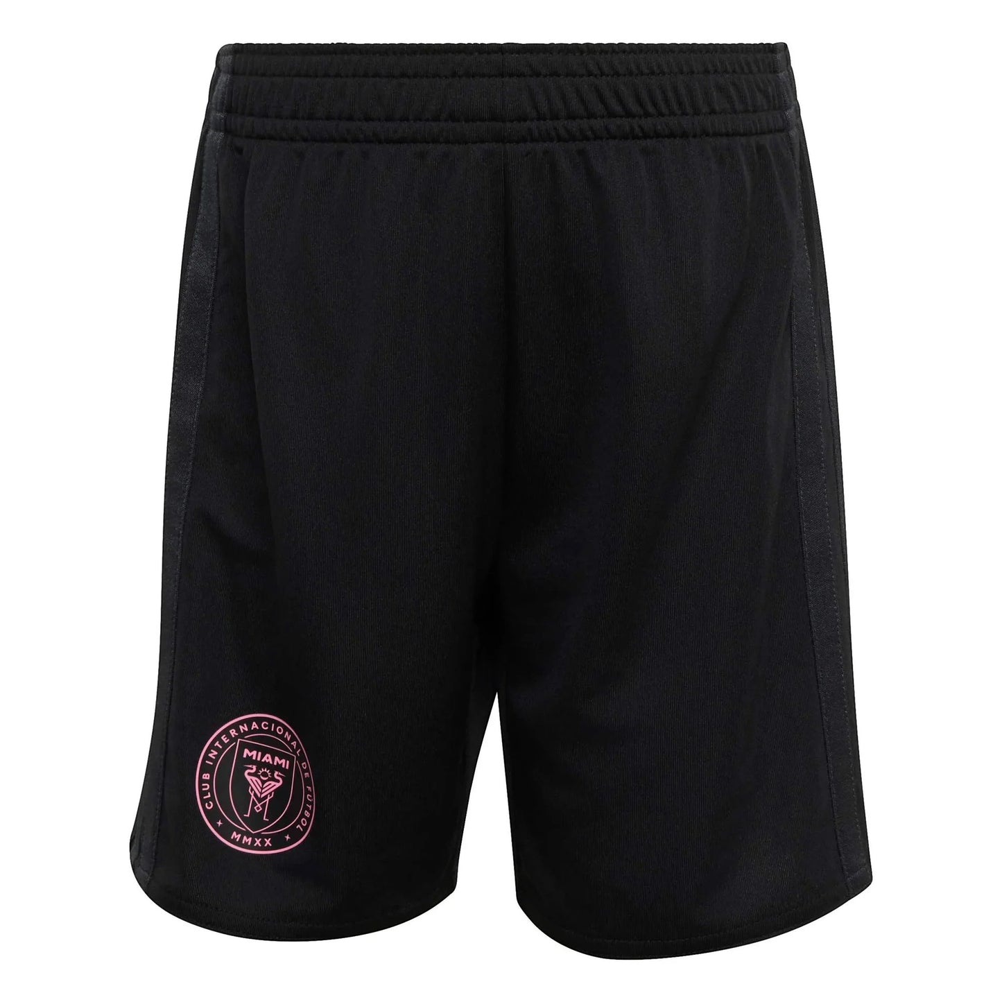 GOATkitz Inter Miami 2026 kids away black soccer shorts with pink club logo and elastic waistband.
