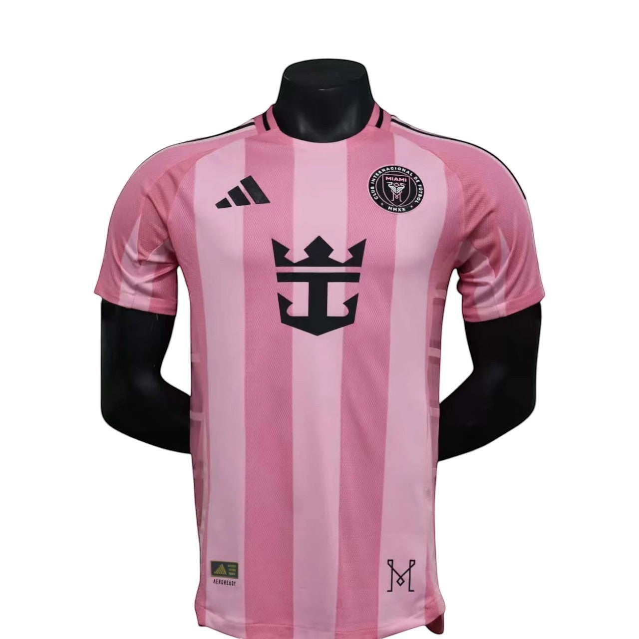 GOATkitz Inter Miami 2025-26 Player Version Home Jersey, pink with vertical stripes, black logo and customizable name/number.