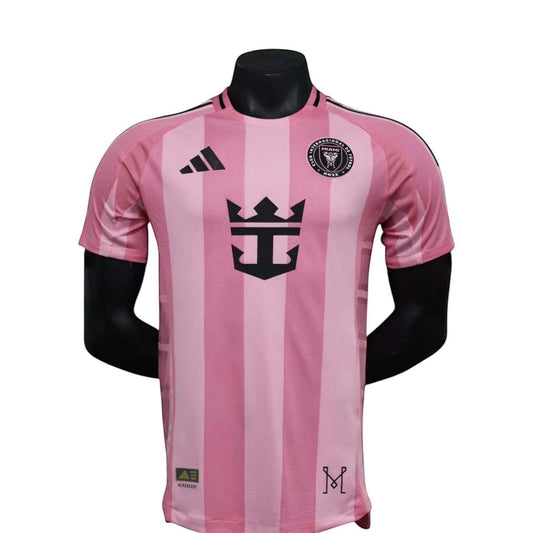 GOATkitz Inter Miami 2025-26 Player Version Home Jersey, pink with vertical stripes, black logo and customizable name/number.