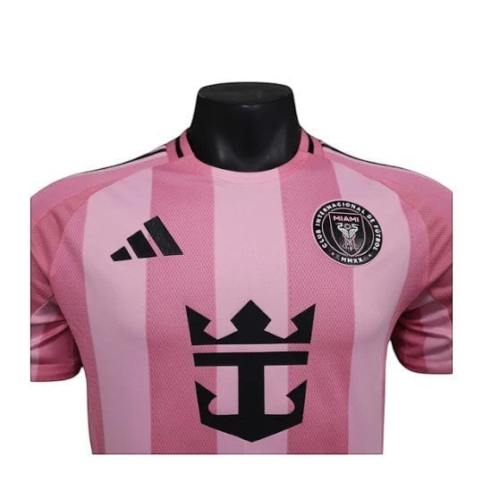 GOATkitz Inter Miami 2025-26 Player Version Home Jersey in pink with vertical stripes, black Adidas logo, and club crest.