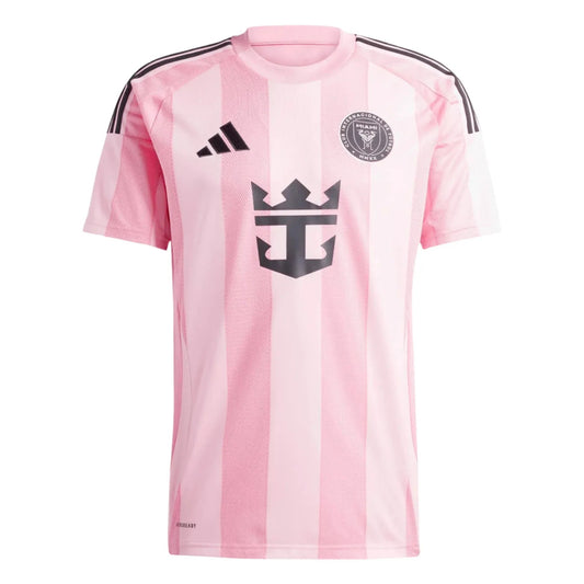 GOATkitz Inter Miami 2025-26 adult home jersey in pink with vertical stripes, black Adidas stripes on shoulders, and customizable badges.