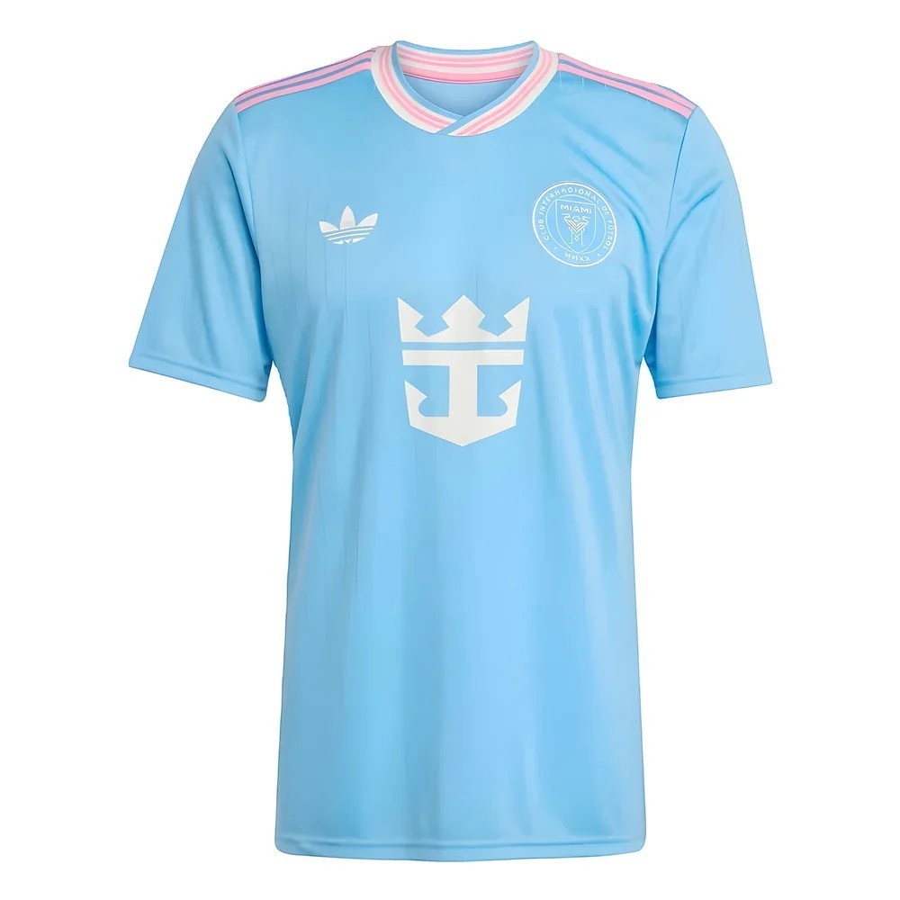 GOATkitz Inter Miami 2025-26 adult third jersey in light blue with pink trim on collar and sleeves. Features club crest and sponsor logo.