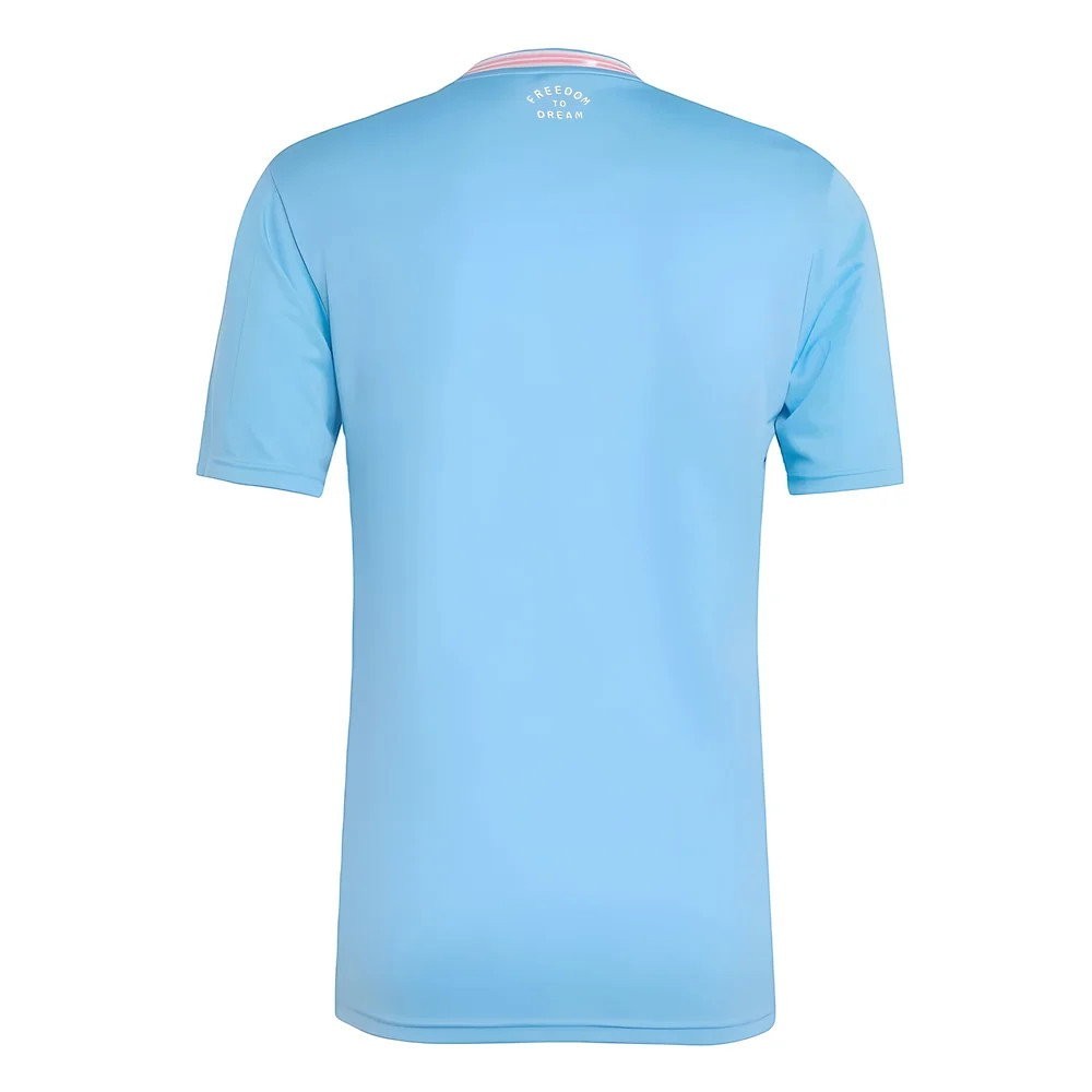GOATkitz Inter Miami 2025-26 adult third jersey in light blue with pink collar detail and "FREEDOM TO DREAM" text on the back.