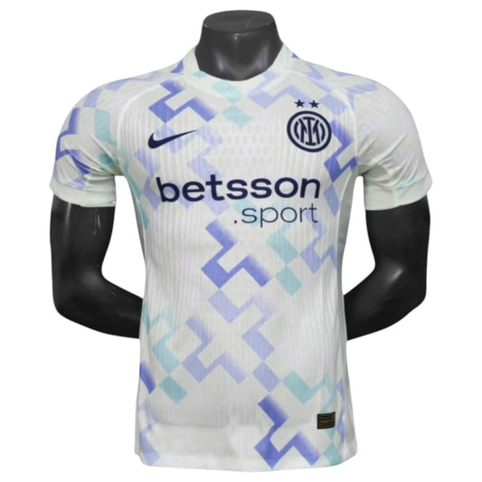 GOATkitz Inter Milan 2025-26 white player version away jersey with blue and light blue geometric pattern, Nike logo, and Betsson Sport sponsor.