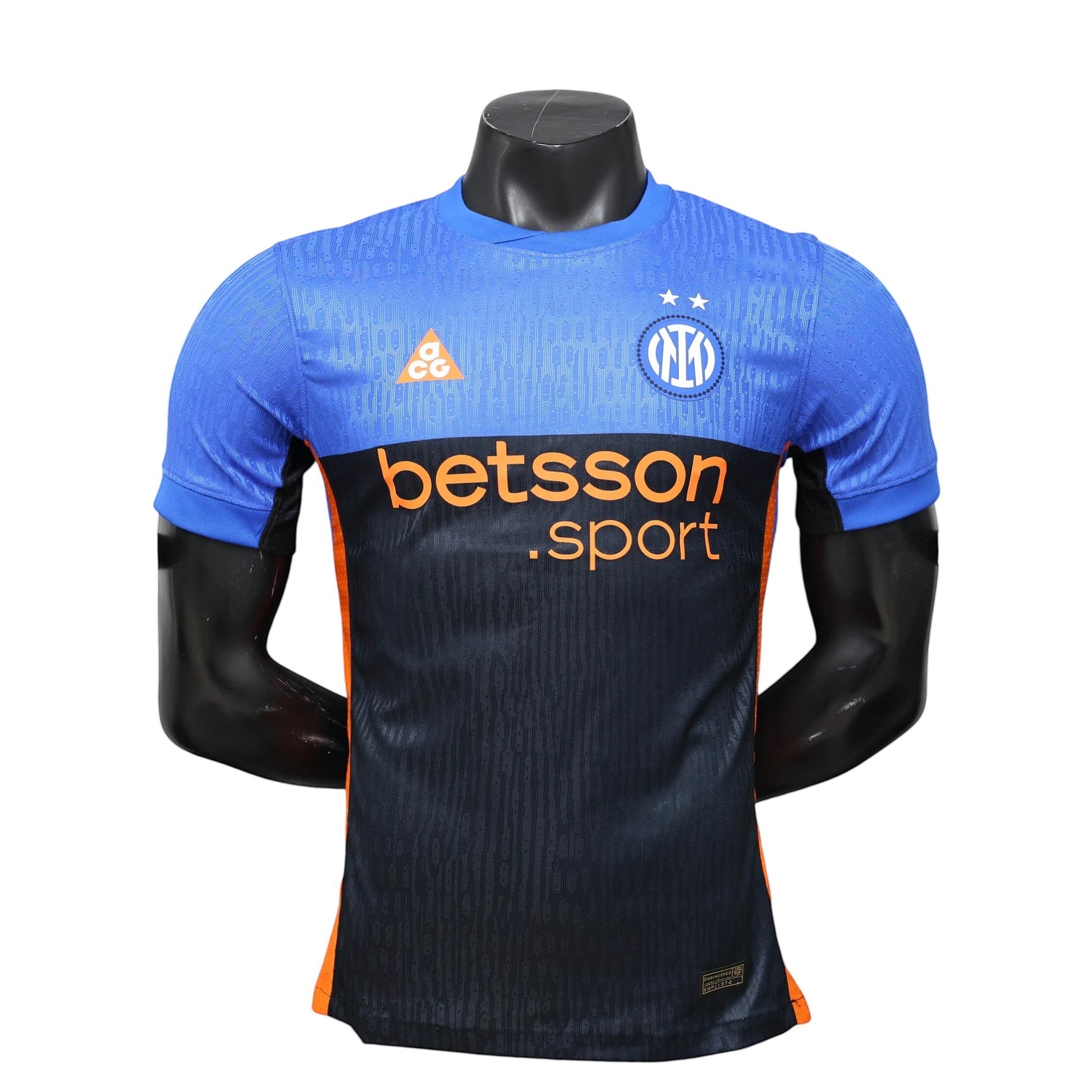 GOATkitz Inter Milan 2025-26 adult player version fourth jersey in blue and black with orange accents. Customizable.