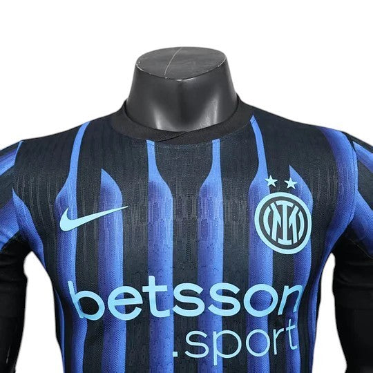 GOATkitz Inter Milan 2025-26 player version home jersey, black with blue vertical stripes, Nike logo, and club crest.