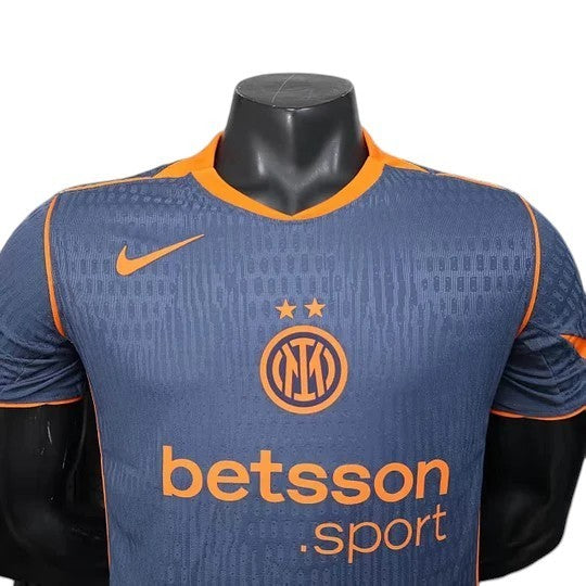 GOATkitz Inter Milan 2025-26 adult player version third jersey in grey with orange accents. Customizable name, number, and badges.