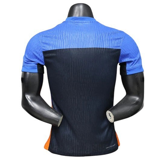 GOATkitz Inter Milan 2025-26 Player Version Fourth Jersey, blue and black with orange accents, customizable name and number.