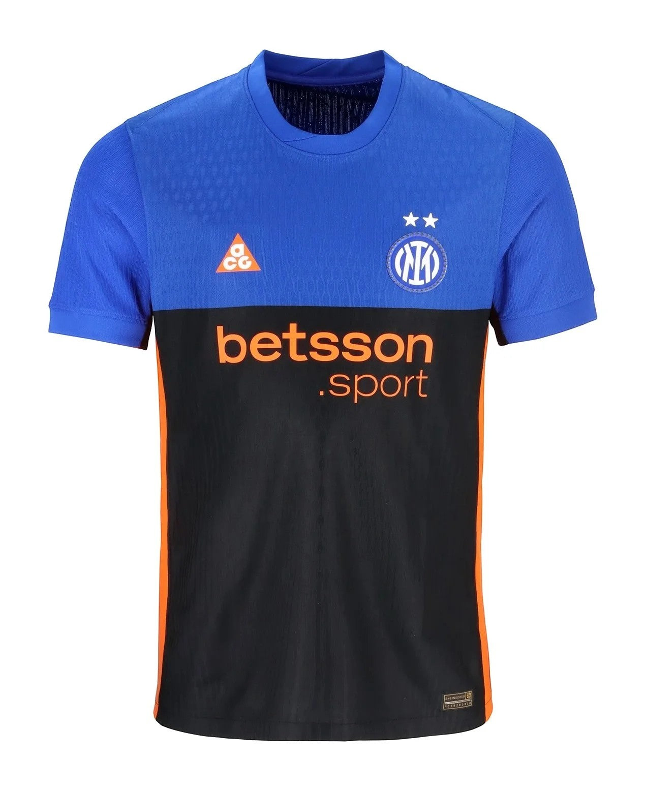 GOATkitz Inter Milan 2025-26 adult fourth jersey in blue, black, and orange. Features customizable name/number and badges.