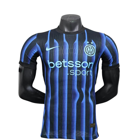 GOATkitz Inter Milan 2025-26 player version home jersey, black and blue vertical stripes, short sleeves, crew neck, customizable.