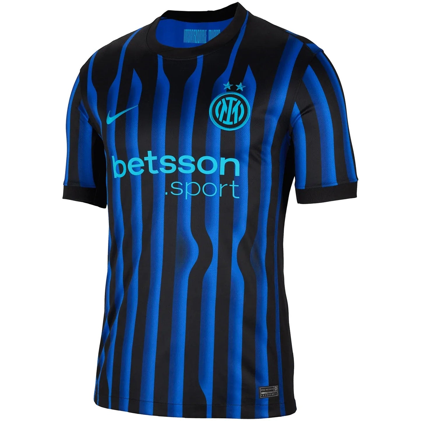 GOATkitz Inter Milan 2025-26 adult home jersey, black with blue vertical stripes, blue logo and Betsson Sport sponsor.