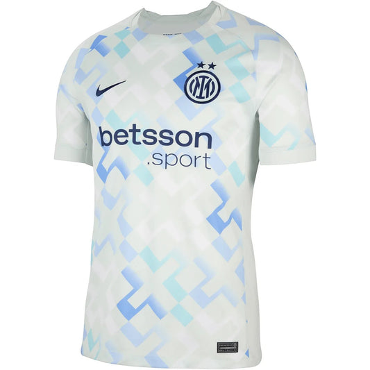 GOATkitz Inter Milan 2025-26 kids away jersey in white with blue and light blue geometric pattern. Features Nike logo and Betsson Sport sponsor.