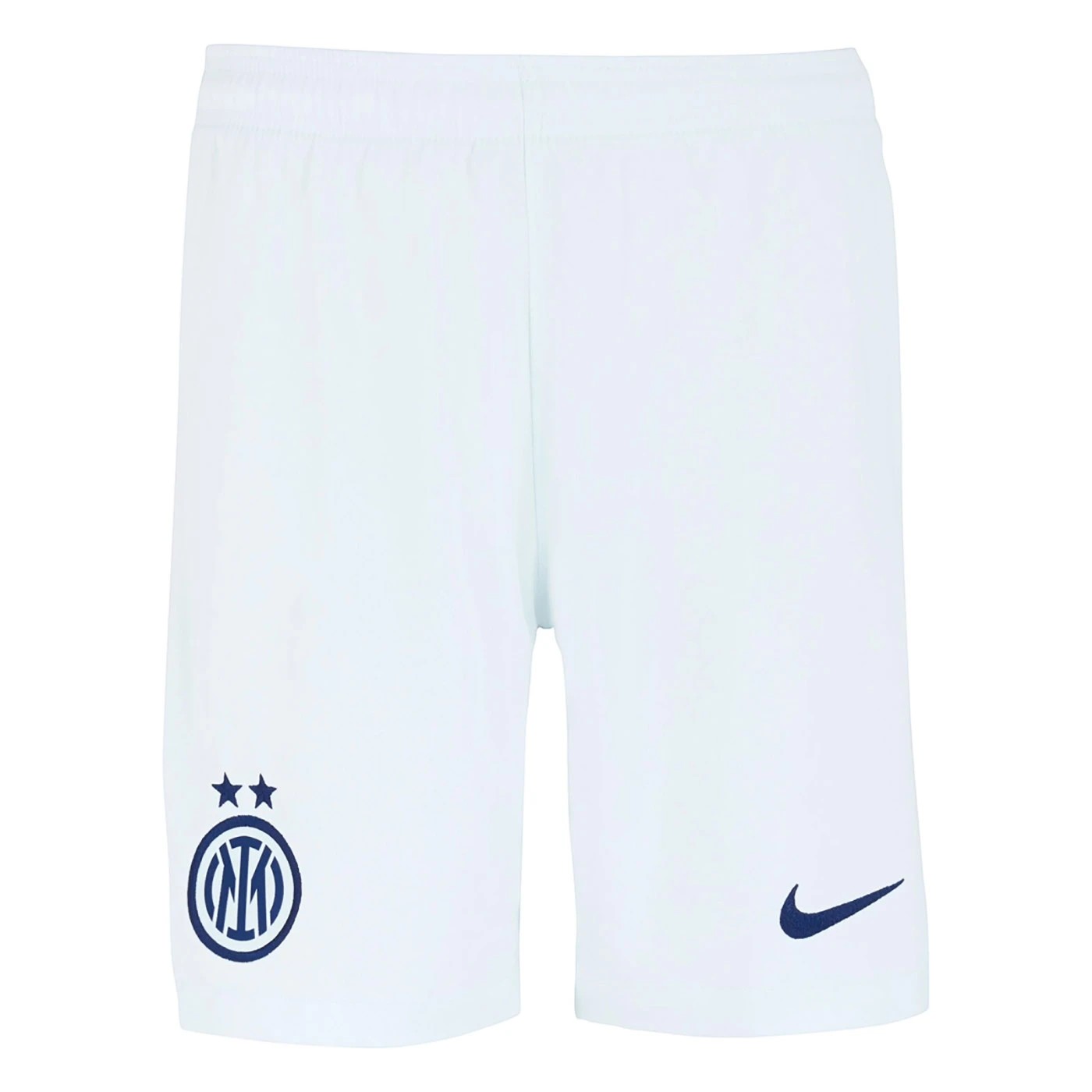 GOATkitz white Inter Milan 2025-26 kids away shorts with navy blue Inter crest and Nike swoosh logo.