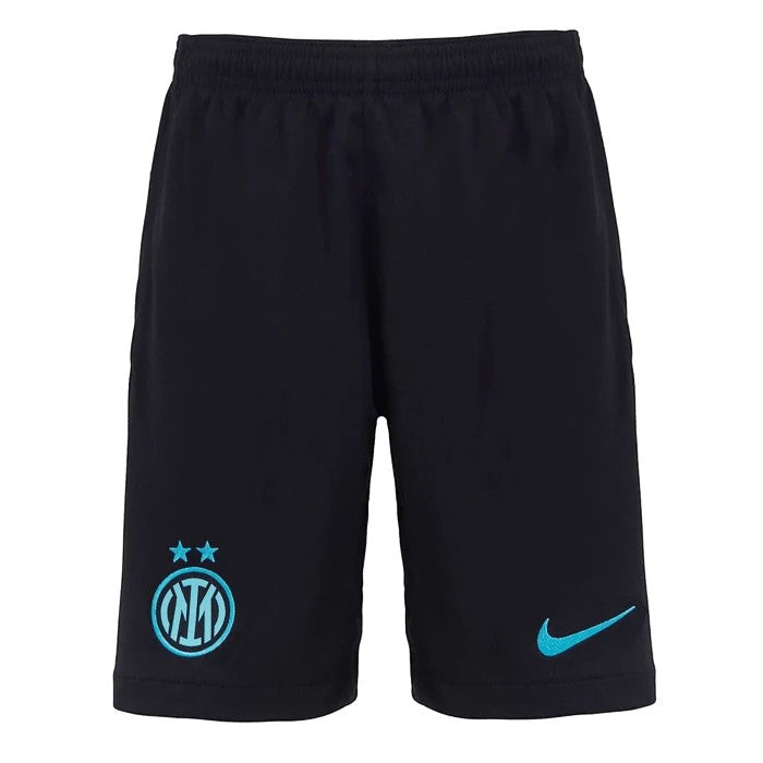 GOATkitz Inter Milan 2025-26 kids black football shorts with light blue Inter logo and Nike swoosh.