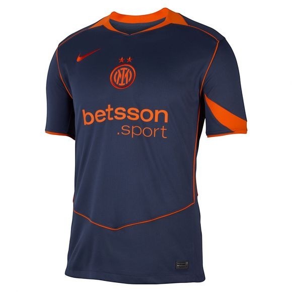 GOATkitz Inter Milan 2025-26 adult third jersey in navy blue with orange trim and accents. Features team crest, Nike logo, and Betsson.sport sponsor.