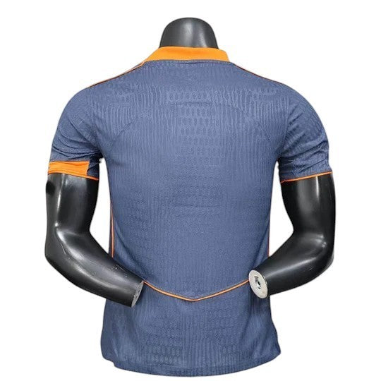 GOATkitz Inter Milan 2025-26 adult player version third jersey in navy blue with orange trim and subtle textured pattern.