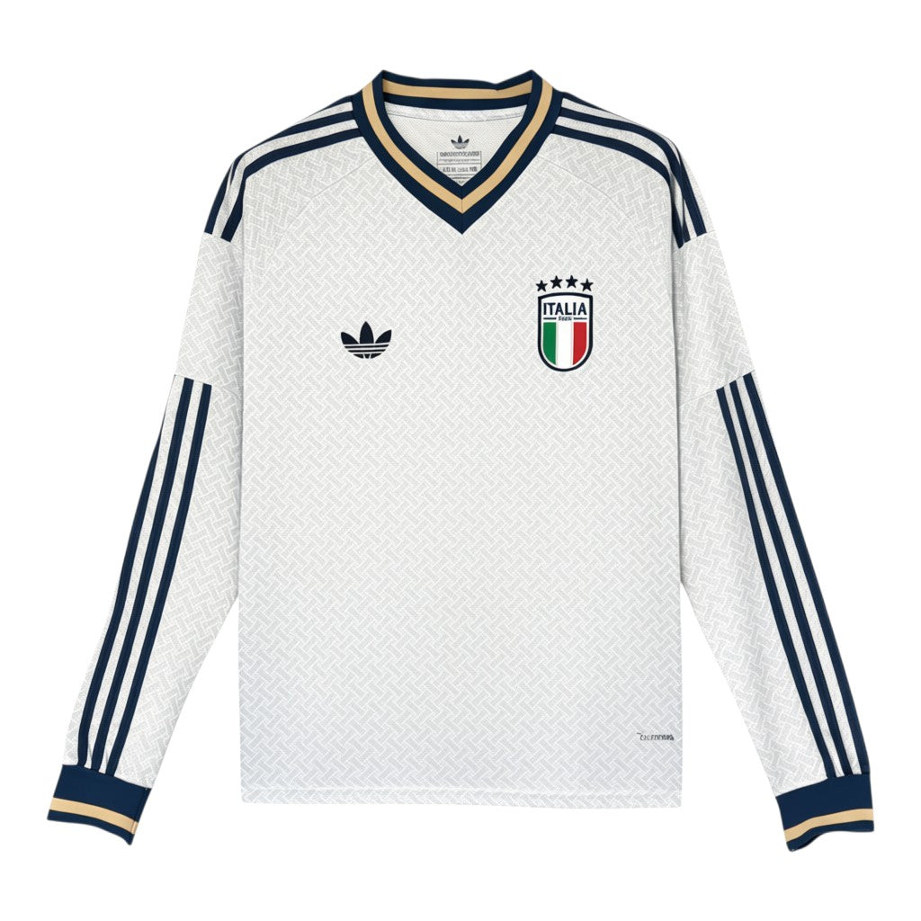 GOATkitz Italy 2026 long sleeve away jersey in white with navy and gold trim. Features the Italia crest and Adidas logo.