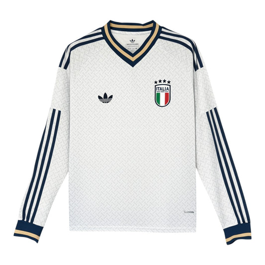 GOATkitz Italy 2026 long sleeve away jersey in white with navy and gold trim. Features the Italia crest and Adidas logo.