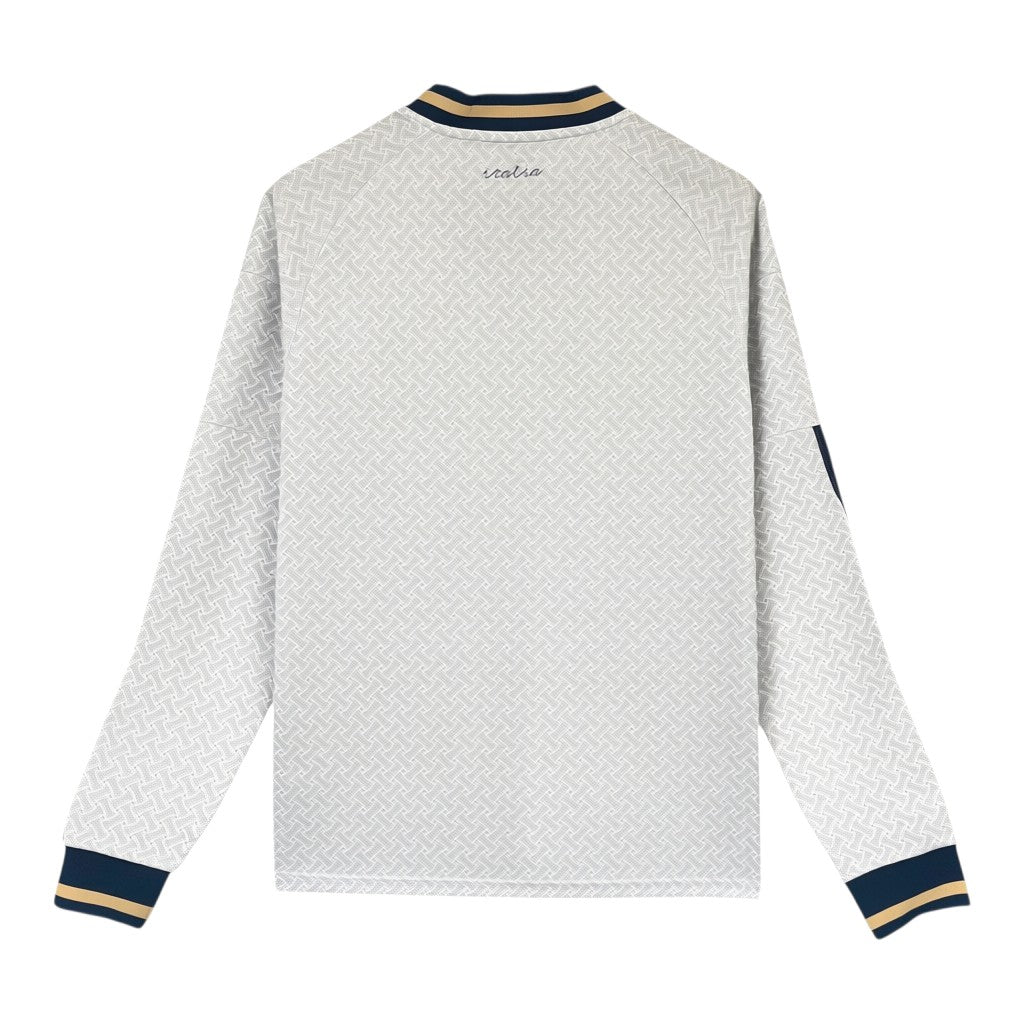 GOATkitz Italy 2026 long sleeve away jersey in white with a subtle geometric pattern, navy and gold trim on collar and cuffs.