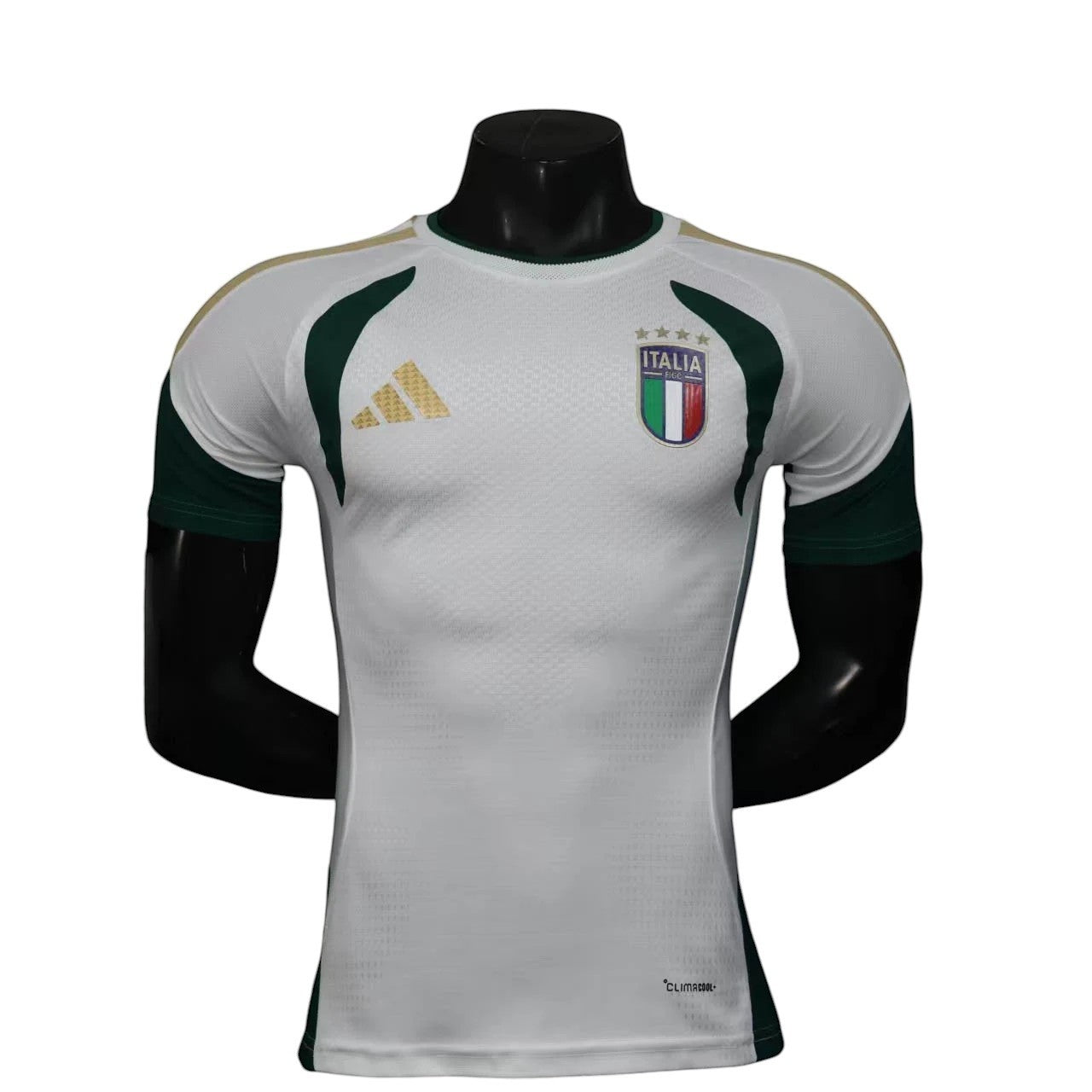 GOATkitz Italy 2026 white training jersey with green and gold accents. Player version, customizable.