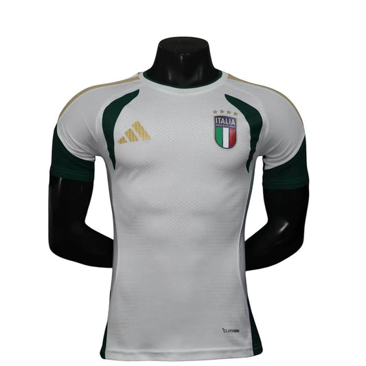 GOATkitz Italy 2026 white training jersey with green and gold accents. Player version, customizable.