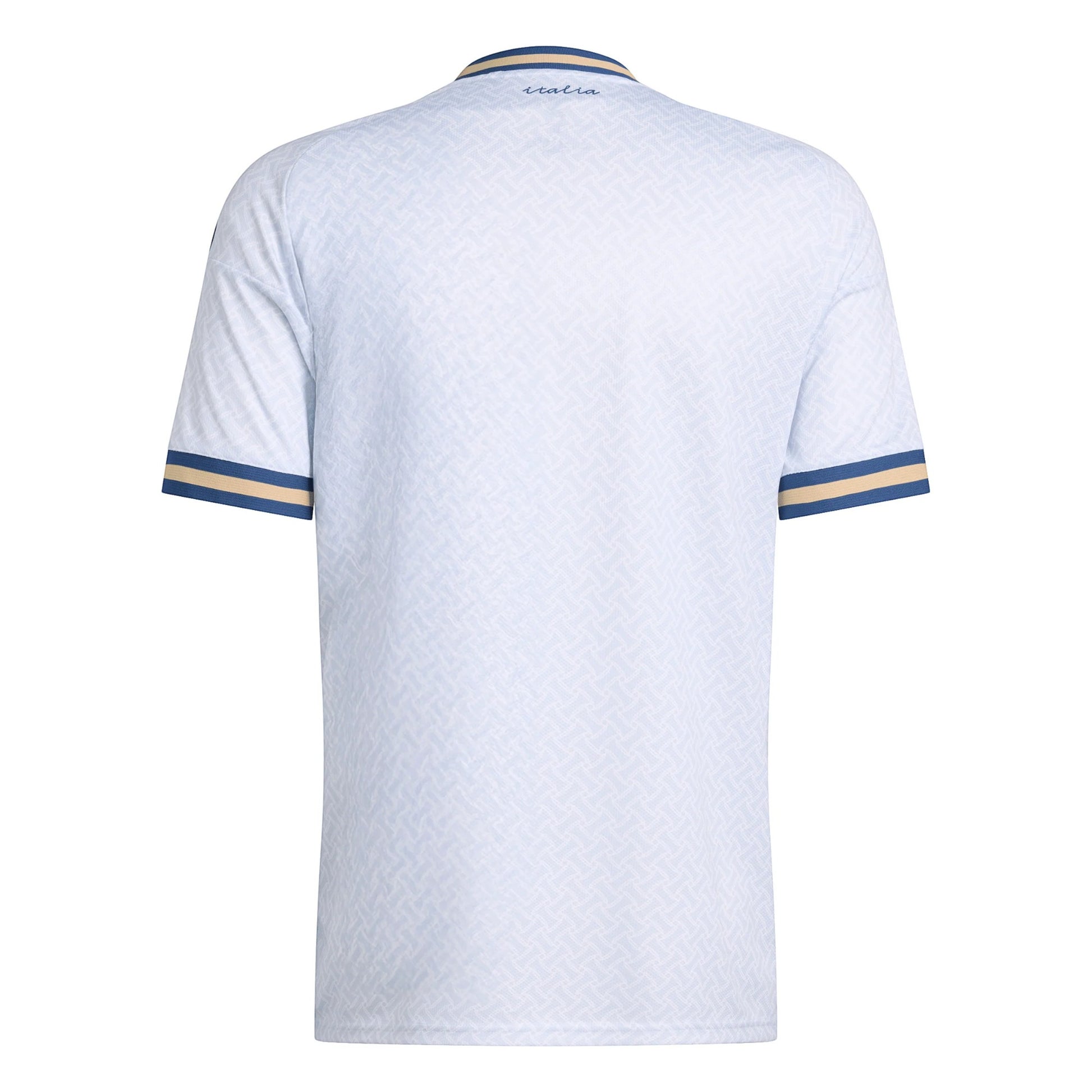 GOATkitz Italy 2026 Adult Away Jersey in light blue with subtle geometric pattern and navy and gold striped cuffs.