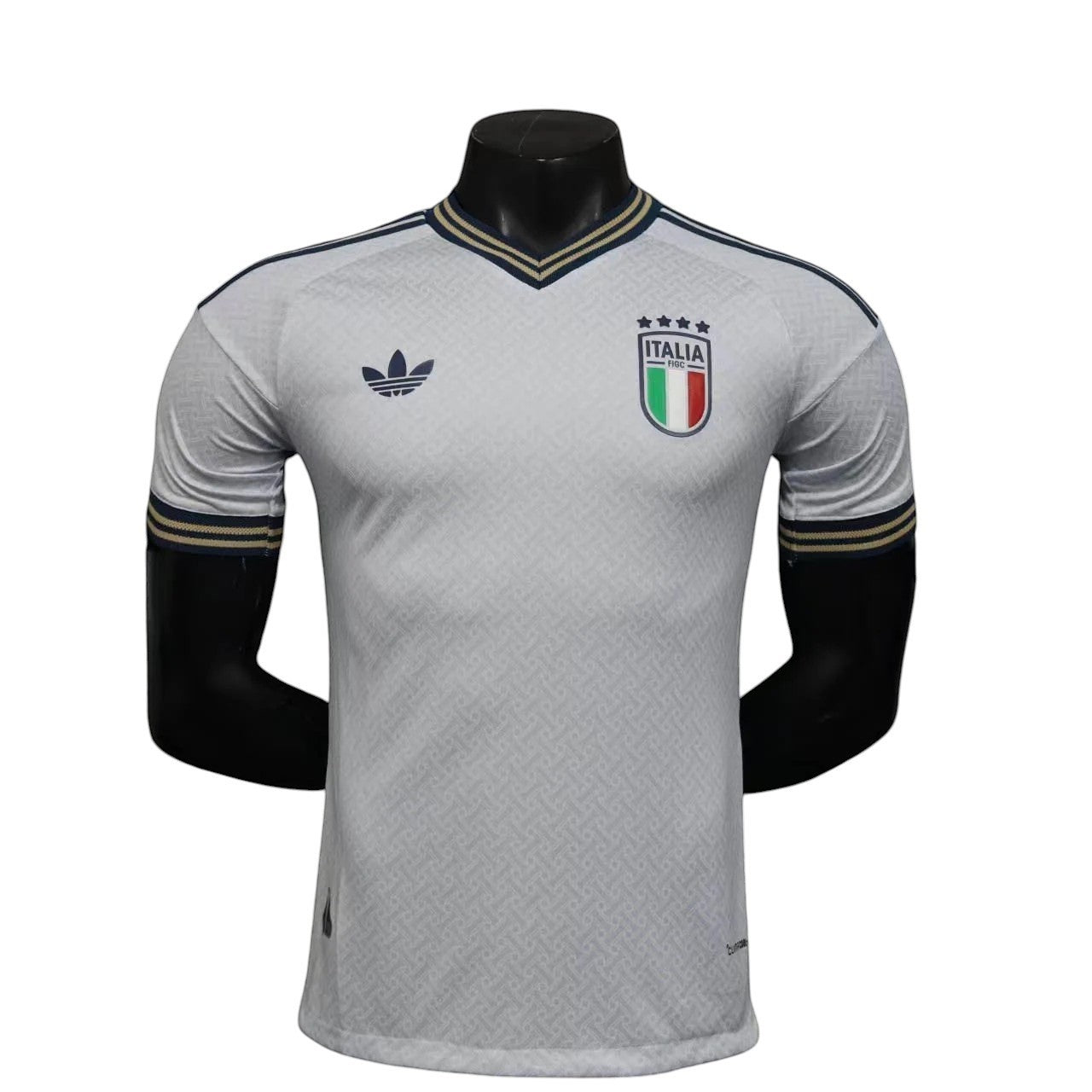 GOATkitz Italy 2026 player version away jersey in white with navy and gold trim. Features the Italia crest and Adidas logo.