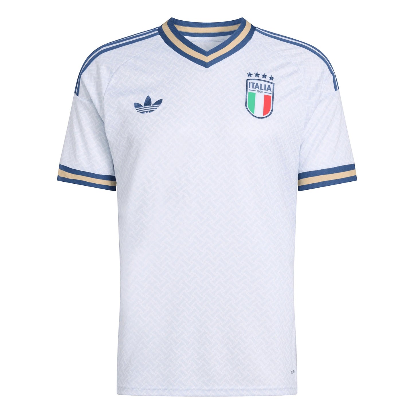 GOATkitz Italy 2026 Adult Away Jersey in white with blue and gold trim. Features a subtle geometric pattern and the Italian crest.