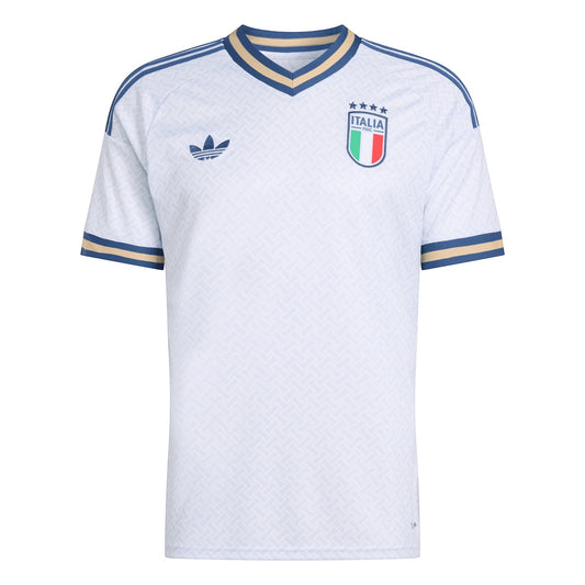 GOATkitz Italy 2026 Adult Away Jersey in white with blue and gold trim. Features a subtle geometric pattern and the Italian crest.