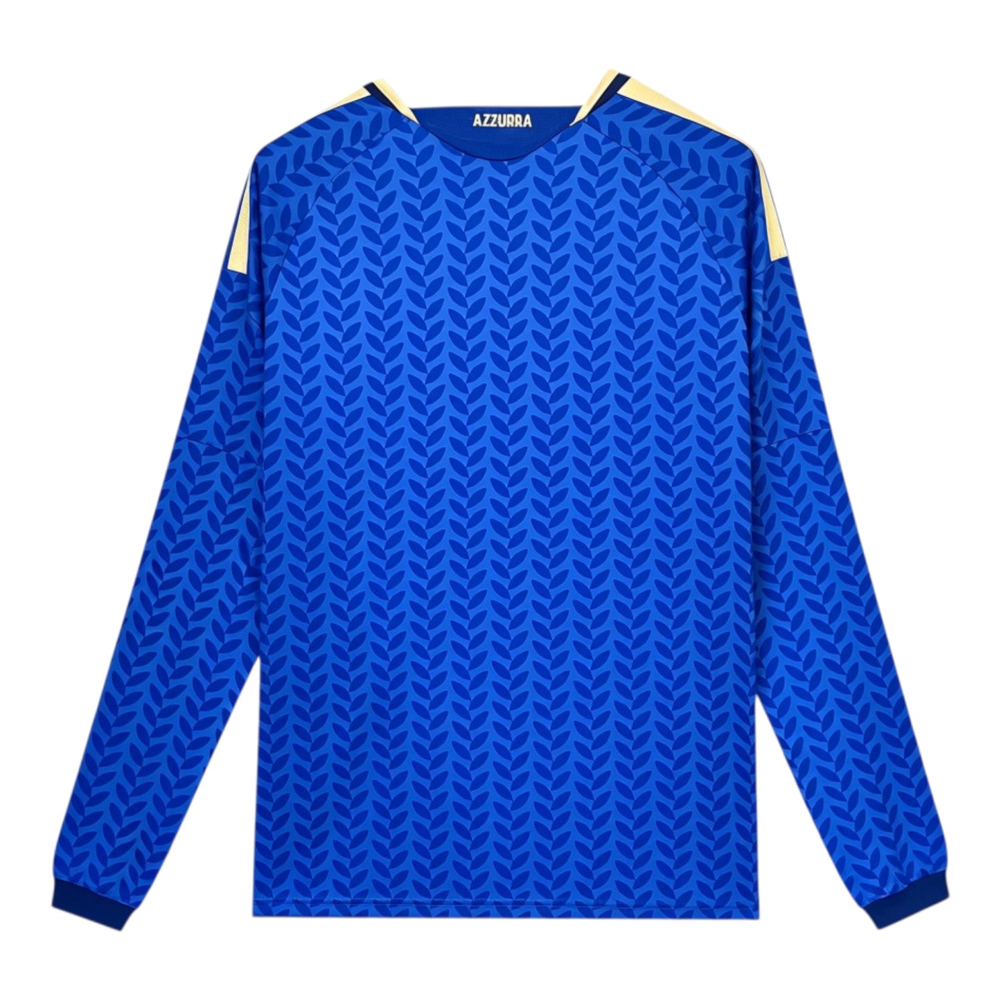 GOATkitz Italy 2026 long sleeve adult home jersey in royal blue with a repeating leaf pattern and yellow accents on the shoulders.