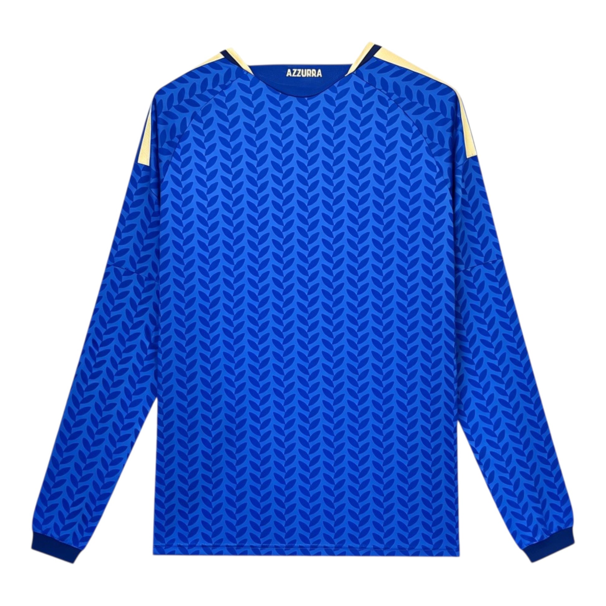 GOATkitz Italy 2026 long sleeve adult home jersey in royal blue with a repeating leaf pattern and yellow accents on the shoulders.
