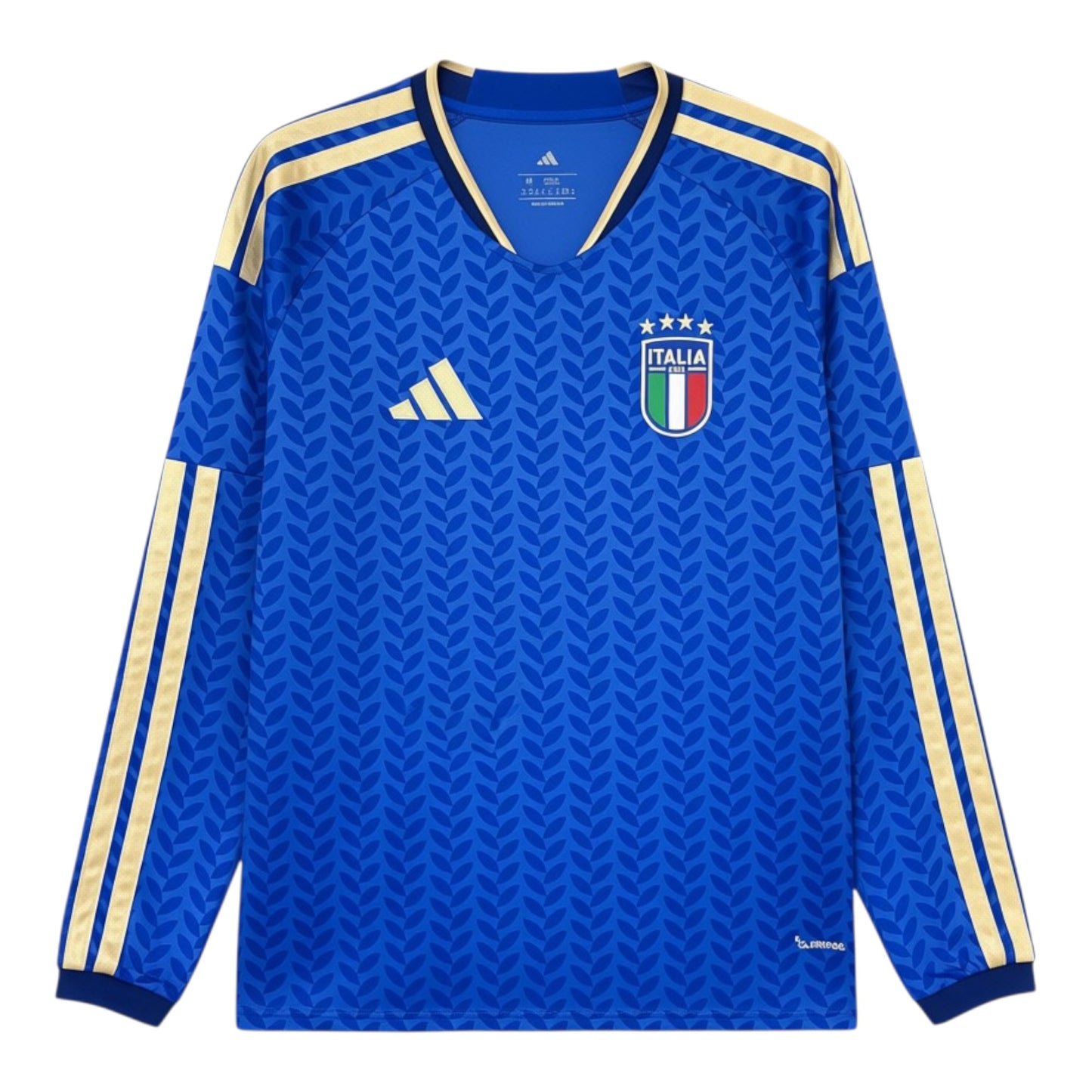 GOATkitz Italy 2026 long sleeve adult home jersey in royal blue with gold accents and a subtle leaf pattern. Features the Italia crest and Adidas logo.