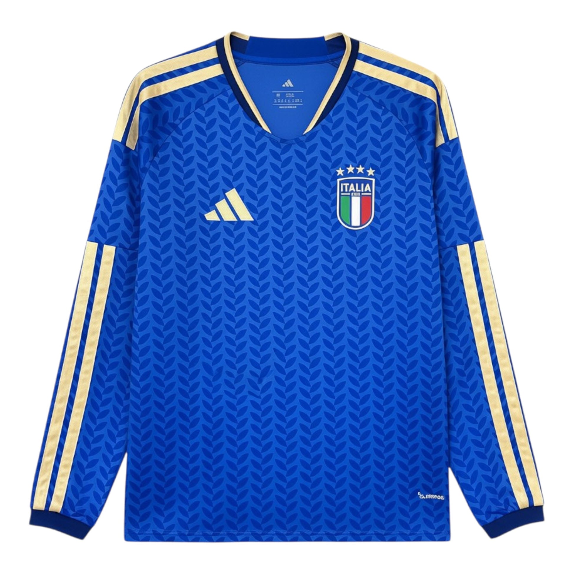 GOATkitz Italy 2026 long sleeve adult home jersey in royal blue with gold accents and a subtle leaf pattern. Features the Italia crest and Adidas logo.