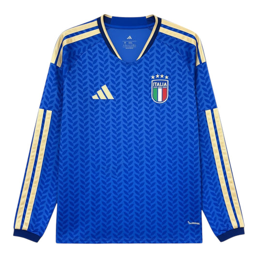GOATkitz Italy 2026 long sleeve adult home jersey in royal blue with gold accents and a subtle leaf pattern. Features the Italia crest and Adidas logo.