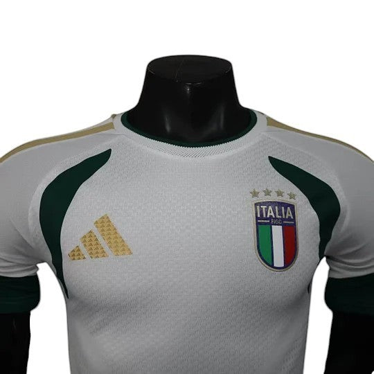 GOATkitz Italy 2026 white training jersey with green and gold accents. Player version, customizable.