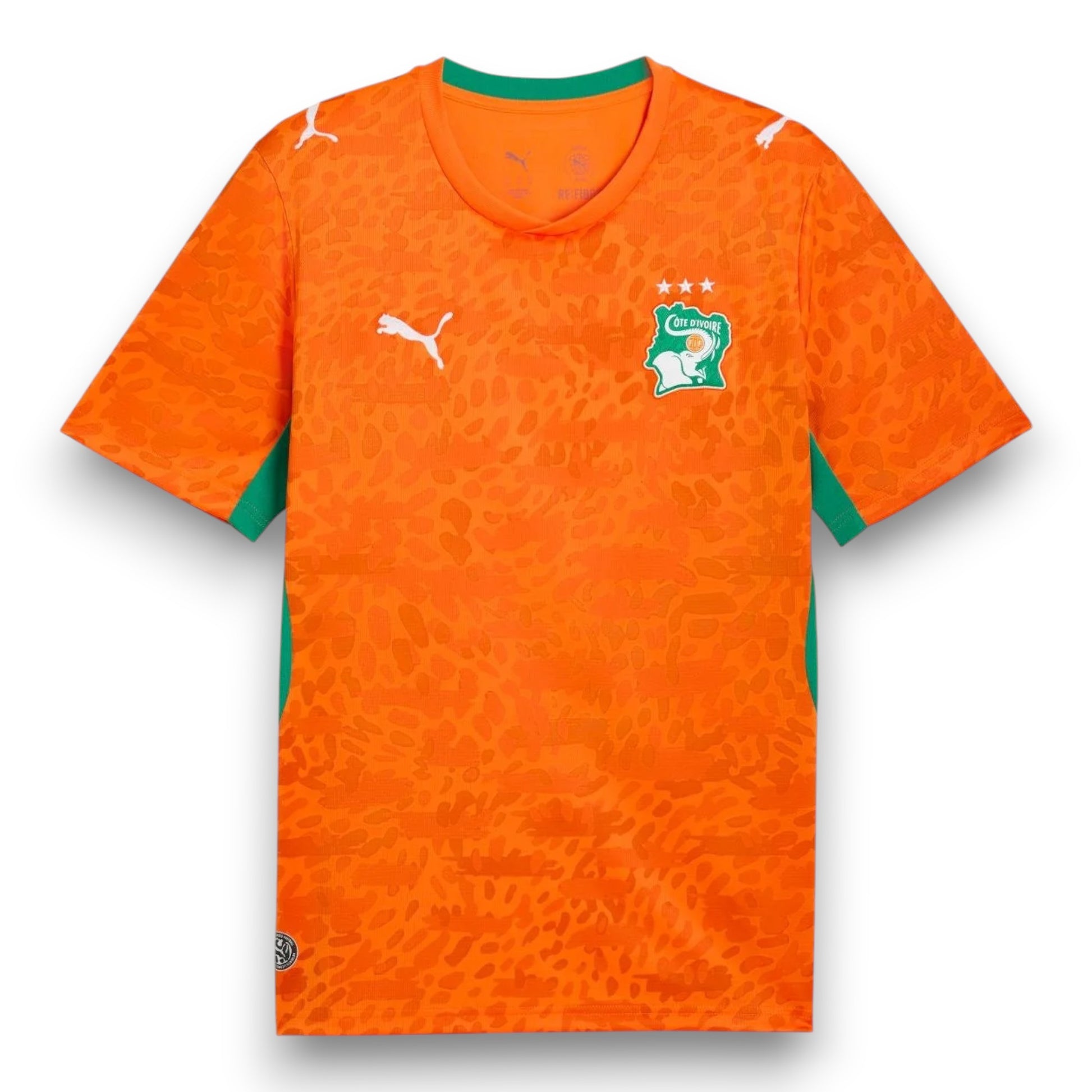 GOATkitz Ivory Coast 2026 adult home jersey in orange with green trim and textured pattern. Features team crest and Puma logo.