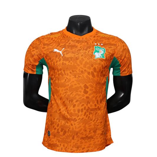 GOATkitz Ivory Coast 2026 player version orange soccer jersey with green accents and customisable badges.