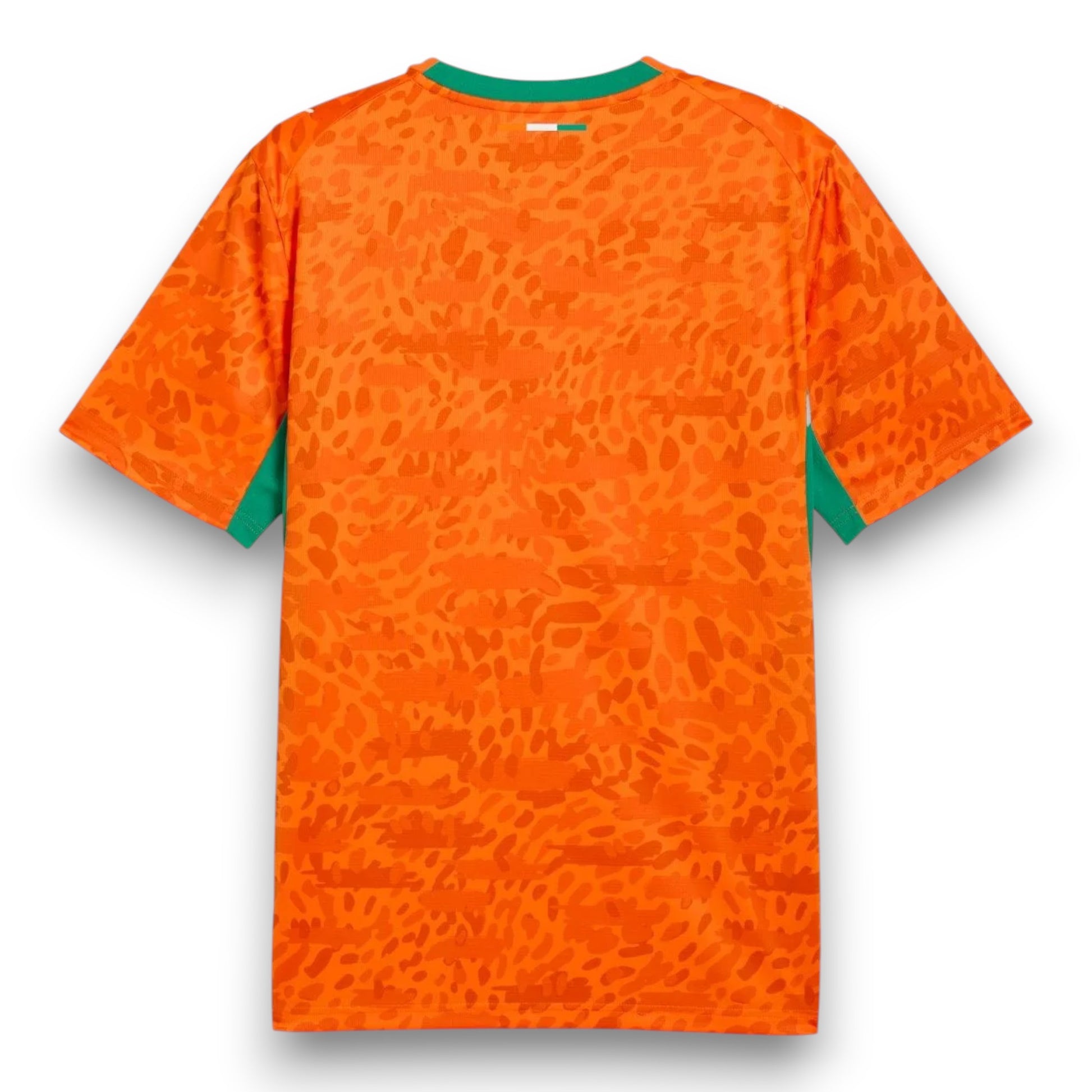 GOATkitz Ivory Coast 2026 adult home jersey in orange with green trim and a subtle animal print pattern.