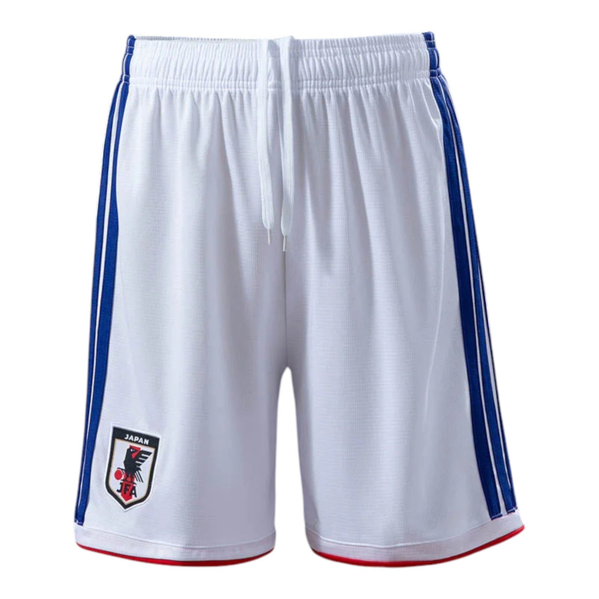 GOATkitz Japan 2026 kids white soccer shorts with blue side stripes and red trim. Features Japan crest.