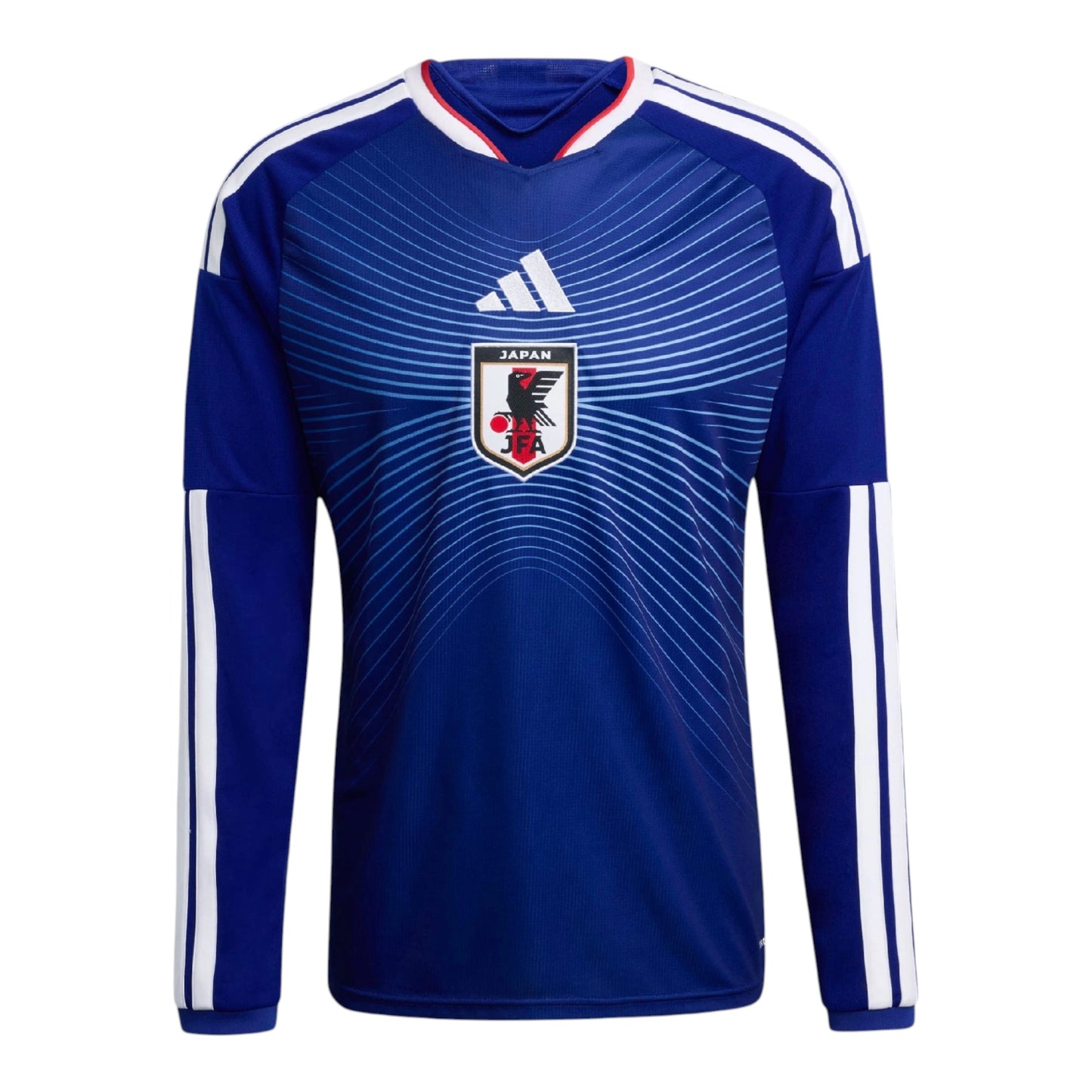 GOATkitz Japan 2026 long sleeve adult home jersey in royal blue with white stripes on sleeves and red accents on collar. Features crest and customizable options.