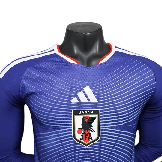 GOATkitz Japan 2026 long sleeve player version home jersey in blue with white Adidas stripes and crest. Customizable.